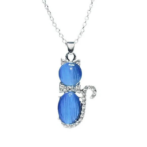 Silver Tone Chain Necklace W/Rhinestones And Blue Cabochon Cat Pendant (5550) - Picture 2 of 5